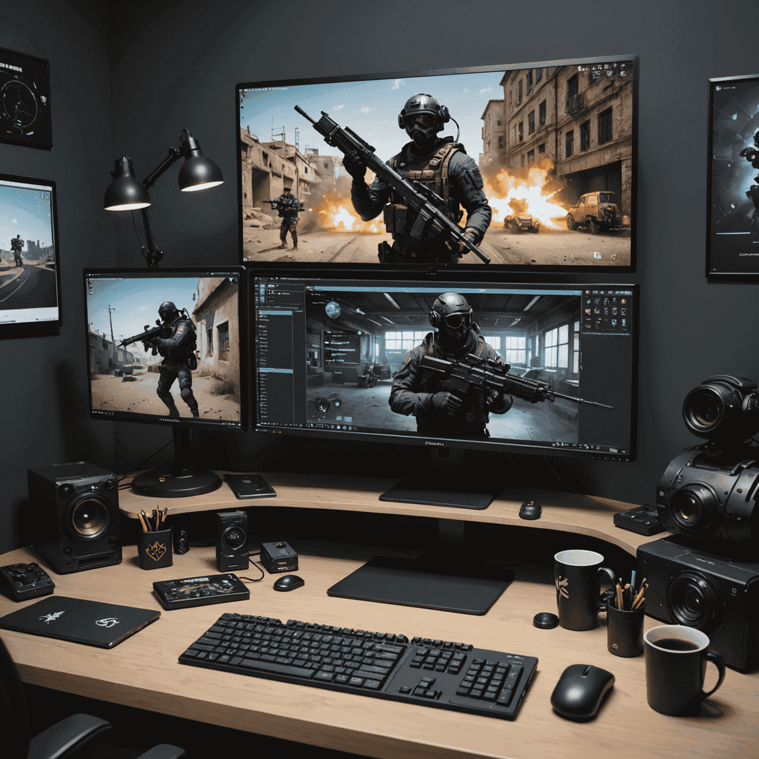 Coridium's workspace with digital art tablets, multiple monitors displaying CS:GO weapon skins in progress, and physical CS:GO weapon models for reference