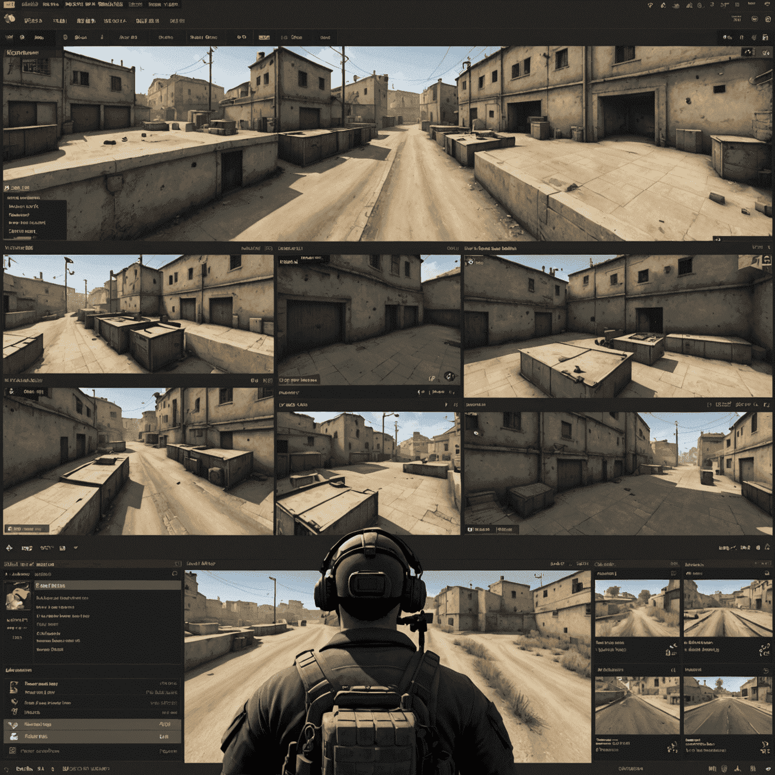 TacticalMind analyzing CS:GO gameplay footage, with multiple screens showing map layouts, utility usage, and player positioning